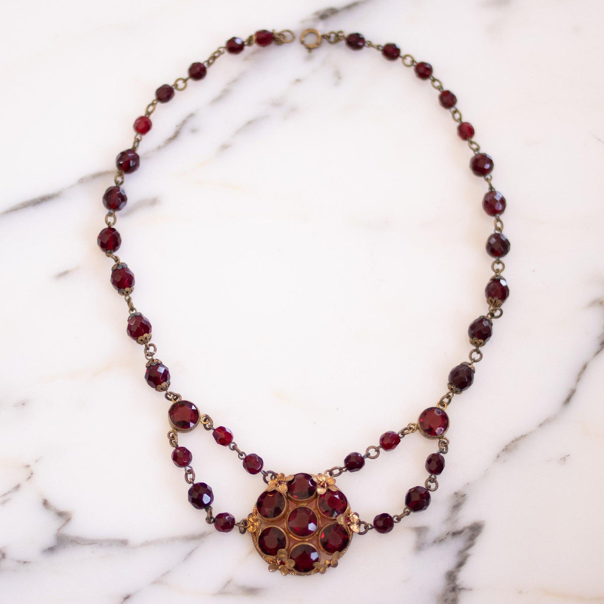 Vintage 1930s Czech Garnet Red Crystal Lavalier Necklace