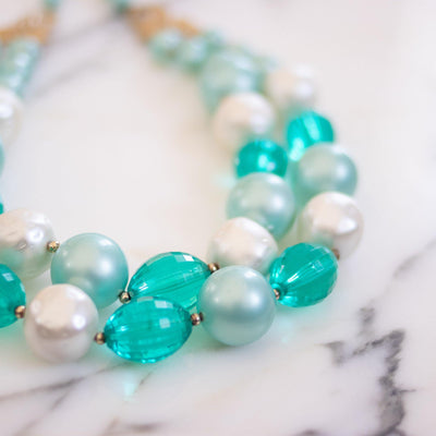 Vintage Chunky Aqua and Faux Pearl Bead Double Strand Necklace by Czech - Vintage Meet Modern Vintage Jewelry - Chicago, Illinois - #oldhollywoodglamour #vintagemeetmodern #designervintage #jewelrybox #antiquejewelry #vintagejewelry