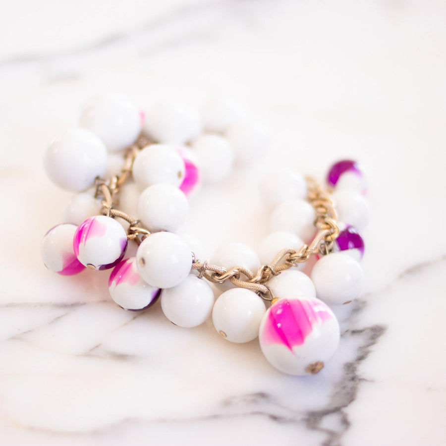 Vintage 1950s Chunky White Purple and Pink Beaded Bracelet by Unsigned Beauty - Vintage Meet Modern Vintage Jewelry - Chicago, Illinois - #oldhollywoodglamour #vintagemeetmodern #designervintage #jewelrybox #antiquejewelry #vintagejewelry