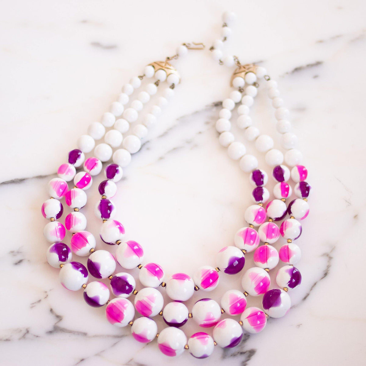 Vintage Chunky White with Pink and Purple Beaded Triple Strand Statement Necklace
