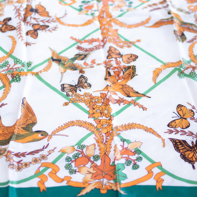 Vintage Orange and Green Scarf with Floral, Birds and Butterflies Motif by Made in Japan - Vintage Meet Modern Vintage Jewelry - Chicago, Illinois - #oldhollywoodglamour #vintagemeetmodern #designervintage #jewelrybox #antiquejewelry #vintagejewelry