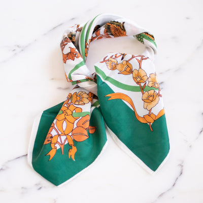 Vintage Orange and Green Scarf with Floral, Birds and Butterflies Motif by Made in Japan - Vintage Meet Modern Vintage Jewelry - Chicago, Illinois - #oldhollywoodglamour #vintagemeetmodern #designervintage #jewelrybox #antiquejewelry #vintagejewelry