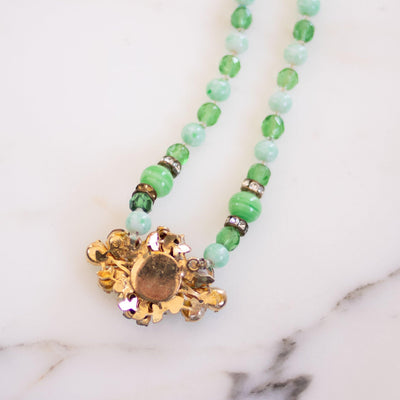 Vintage Green Bead Necklace with Yellow Enamel Flowers and Diamante Rhinestones by Unsigned - Vintage Meet Modern Vintage Jewelry - Chicago, Illinois - #oldhollywoodglamour #vintagemeetmodern #designervintage #jewelrybox #antiquejewelry #vintagejewelry