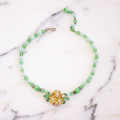 Vintage Green Bead Necklace with Yellow Enamel Flowers and Diamante Rhinestones by Unsigned - Vintage Meet Modern Vintage Jewelry - Chicago, Illinois - #oldhollywoodglamour #vintagemeetmodern #designervintage #jewelrybox #antiquejewelry #vintagejewelry