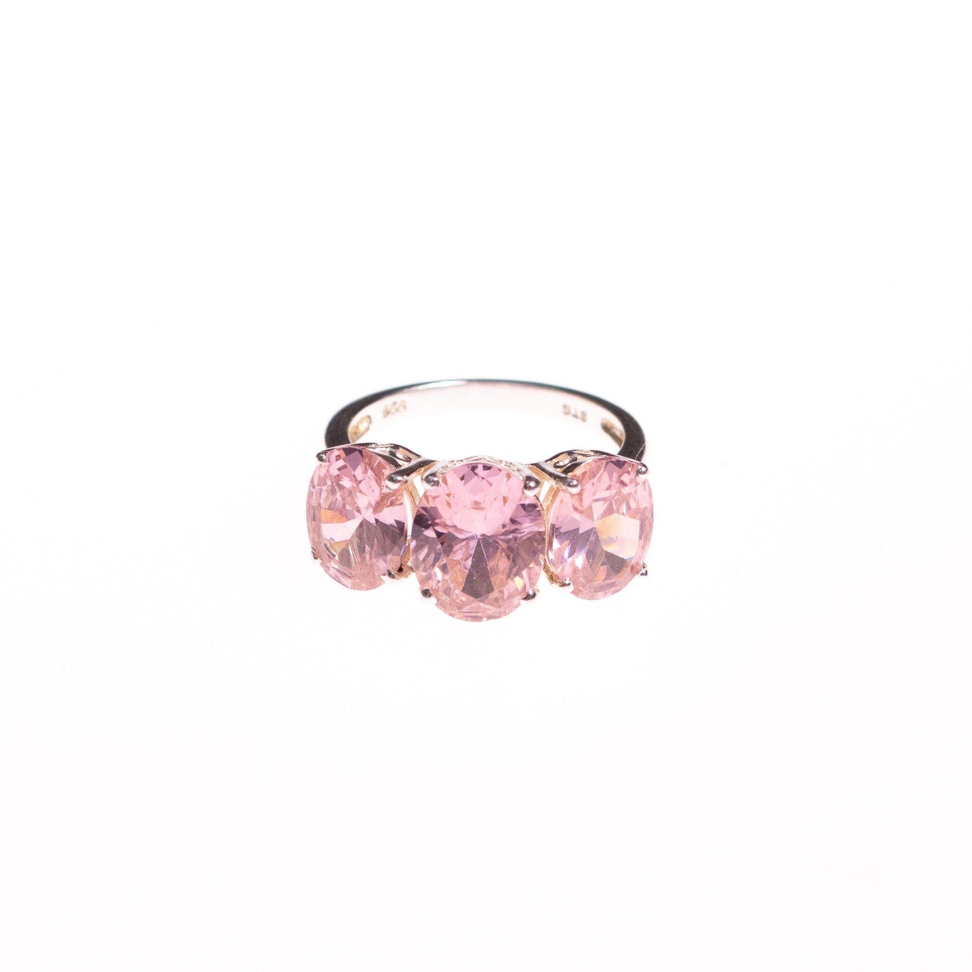 Vintage Pink Oval CZ Three Stone Ring by Sterling Silver - Vintage Meet Modern Vintage Jewelry - Chicago, Illinois - #oldhollywoodglamour #vintagemeetmodern #designervintage #jewelrybox #antiquejewelry #vintagejewelry