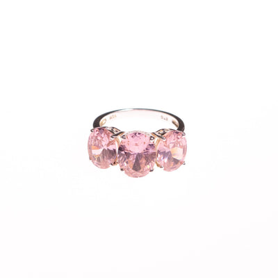 Vintage Pink Oval CZ Three Stone Ring by Sterling Silver - Vintage Meet Modern Vintage Jewelry - Chicago, Illinois - #oldhollywoodglamour #vintagemeetmodern #designervintage #jewelrybox #antiquejewelry #vintagejewelry