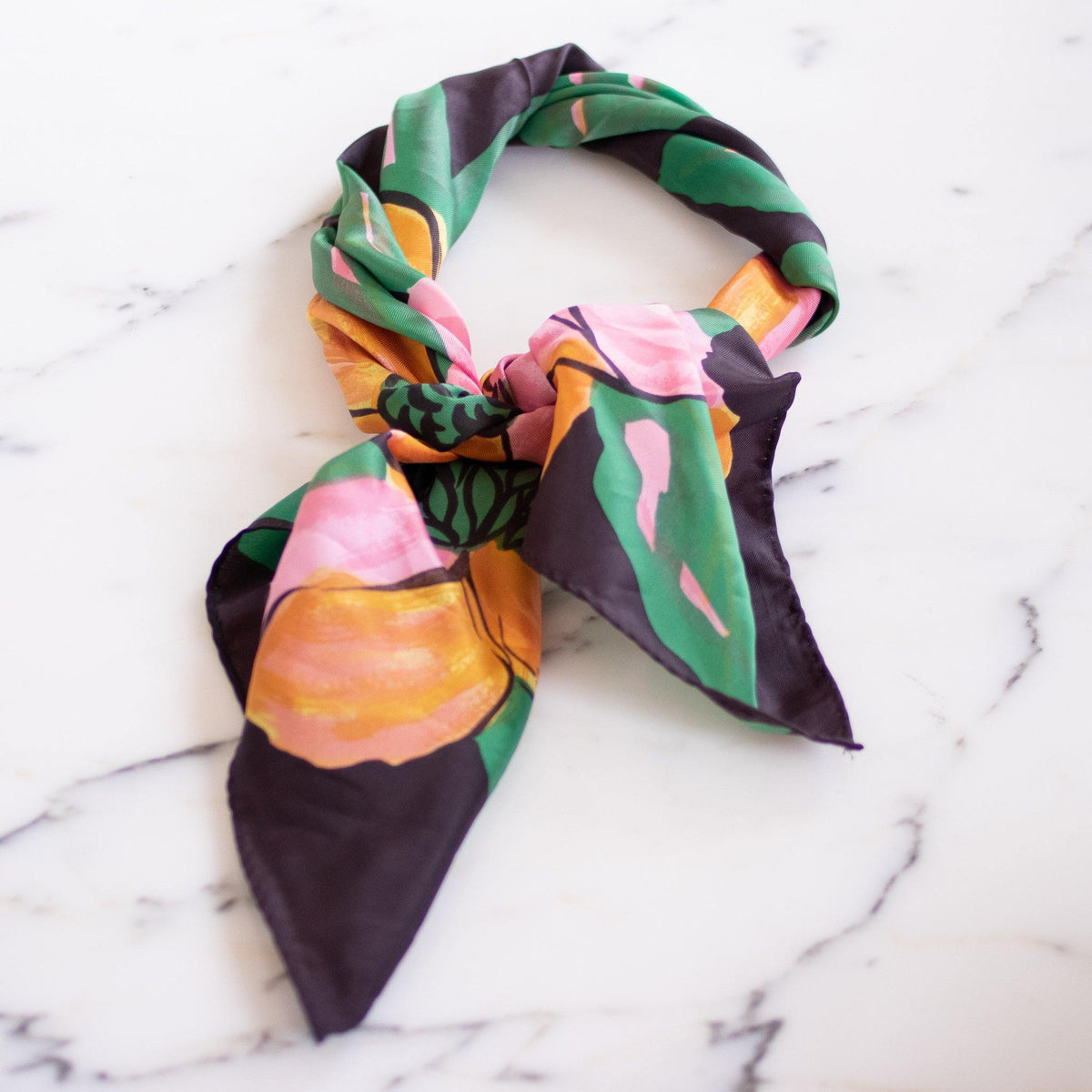 Vintage Green Scarf with Orange and Pink Flowers