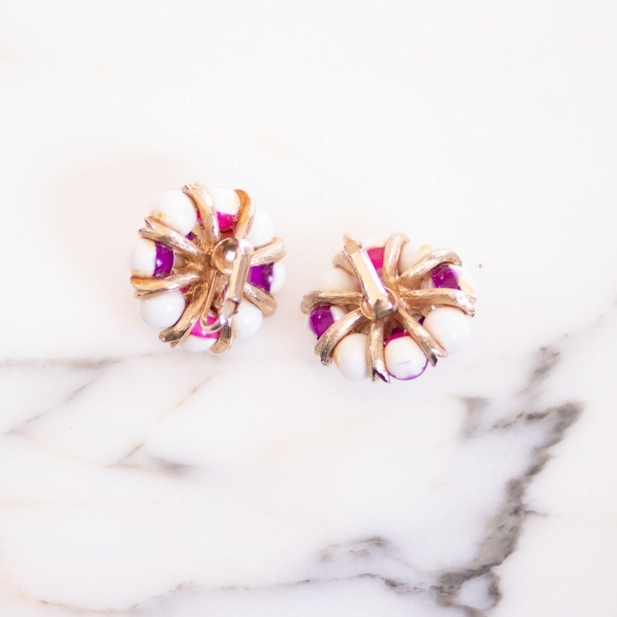 Vintage White with Pink and Purple Cluster Bead Statement Earrings by Unsigned Beauty - Vintage Meet Modern Vintage Jewelry - Chicago, Illinois - #oldhollywoodglamour #vintagemeetmodern #designervintage #jewelrybox #antiquejewelry #vintagejewelry