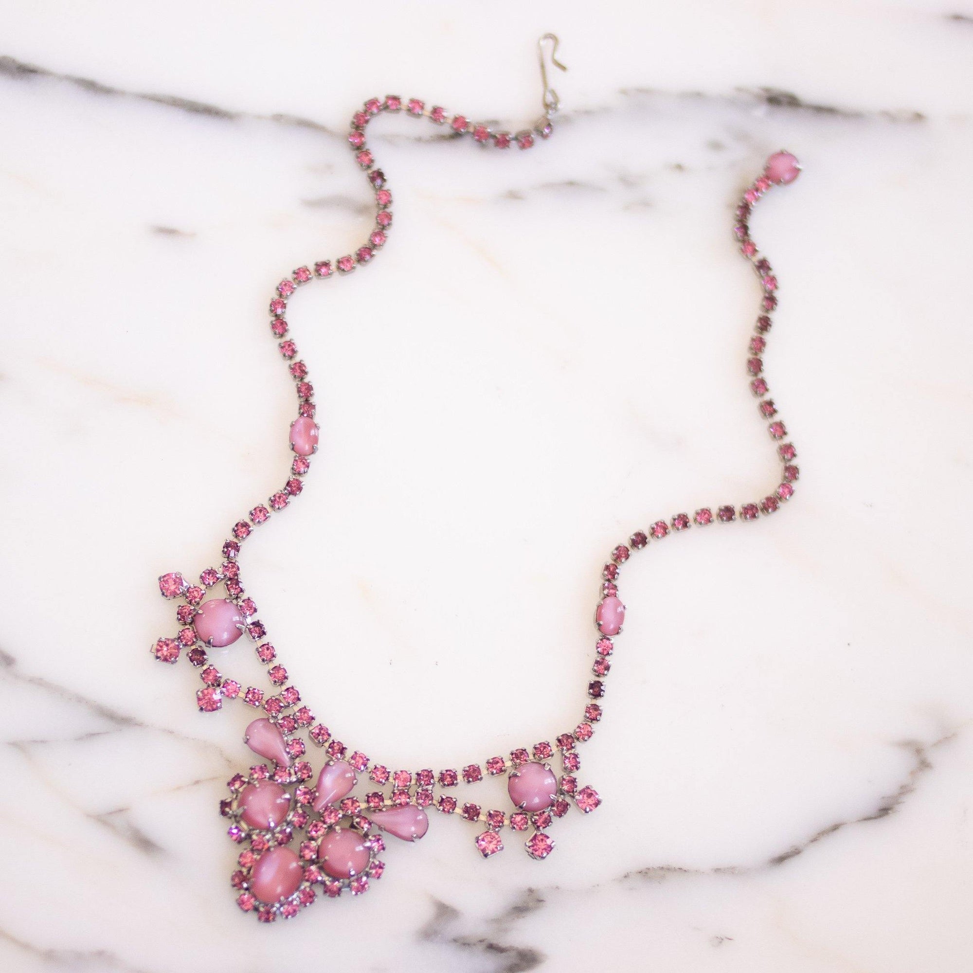 Vintage Pink Rhinestone Statement Necklace by Unsigned Beauty - Vintage Meet Modern Vintage Jewelry - Chicago, Illinois - #oldhollywoodglamour #vintagemeetmodern #designervintage #jewelrybox #antiquejewelry #vintagejewelry