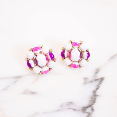 Vintage White with Pink and Purple Cluster Bead Statement Earrings by Unsigned Beauty - Vintage Meet Modern Vintage Jewelry - Chicago, Illinois - #oldhollywoodglamour #vintagemeetmodern #designervintage #jewelrybox #antiquejewelry #vintagejewelry