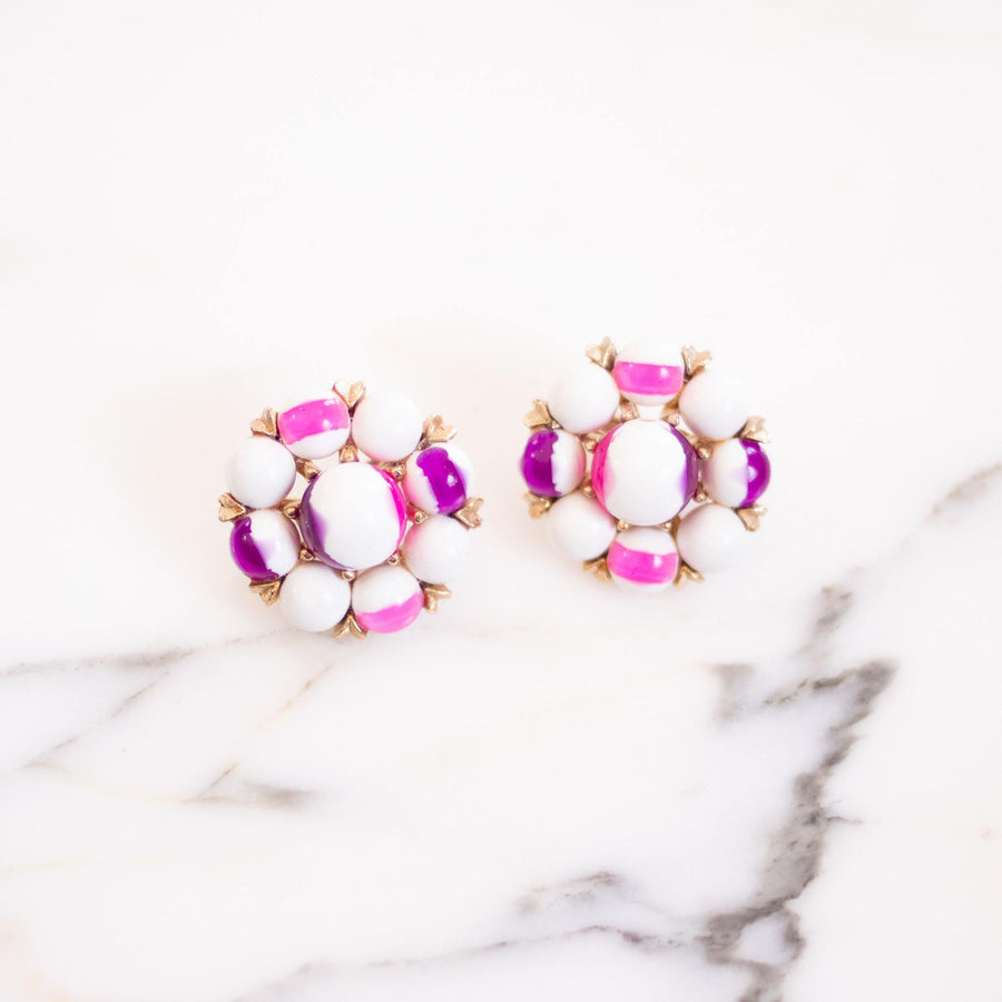 Vintage White with Pink and Purple Cluster Bead Statement Earrings by Unsigned Beauty - Vintage Meet Modern Vintage Jewelry - Chicago, Illinois - #oldhollywoodglamour #vintagemeetmodern #designervintage #jewelrybox #antiquejewelry #vintagejewelry