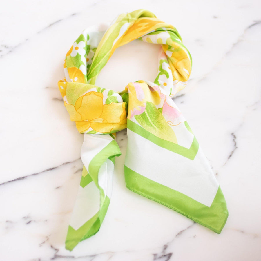 Vintage Yellow, Green, and Pink Floral Scarf by Avon - Vintage Meet Modern Vintage Jewelry - Chicago, Illinois - #oldhollywoodglamour #vintagemeetmodern #designervintage #jewelrybox #antiquejewelry #vintagejewelry