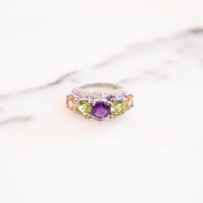 Vintage 1980s Statement Multi Stone Ring with Amethyst, Peridot, and Citrine by Sterling Silver - Vintage Meet Modern Vintage Jewelry - Chicago, Illinois - #oldhollywoodglamour #vintagemeetmodern #designervintage #jewelrybox #antiquejewelry #vintagejewelry