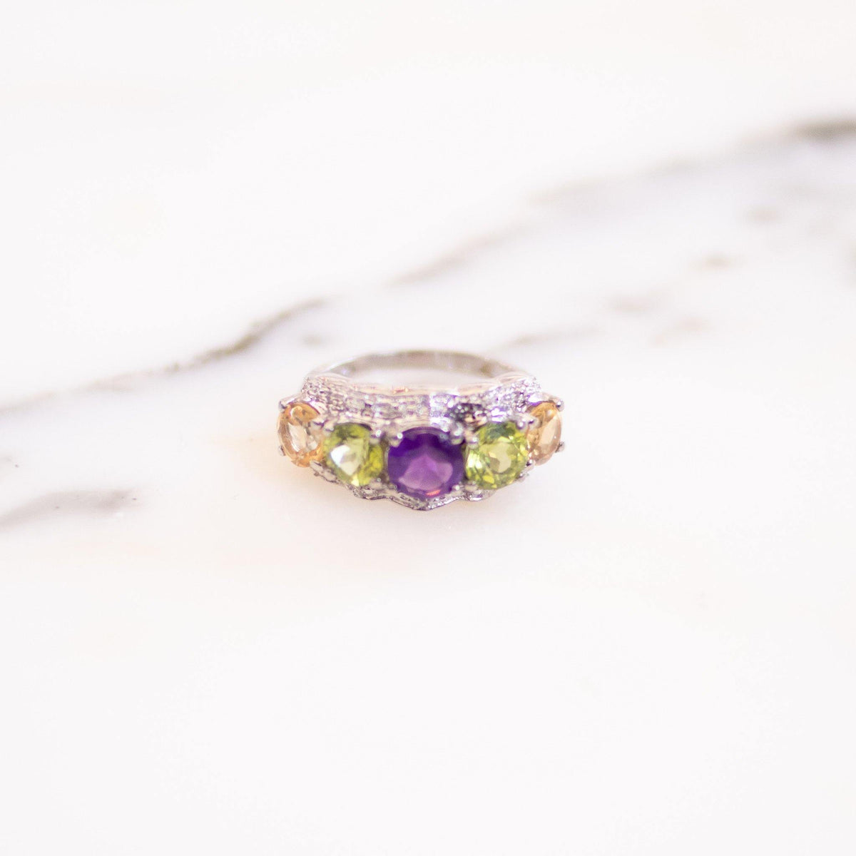Vintage 1980s Statement Multi Stone Ring with Amethyst, Peridot, and Citrine