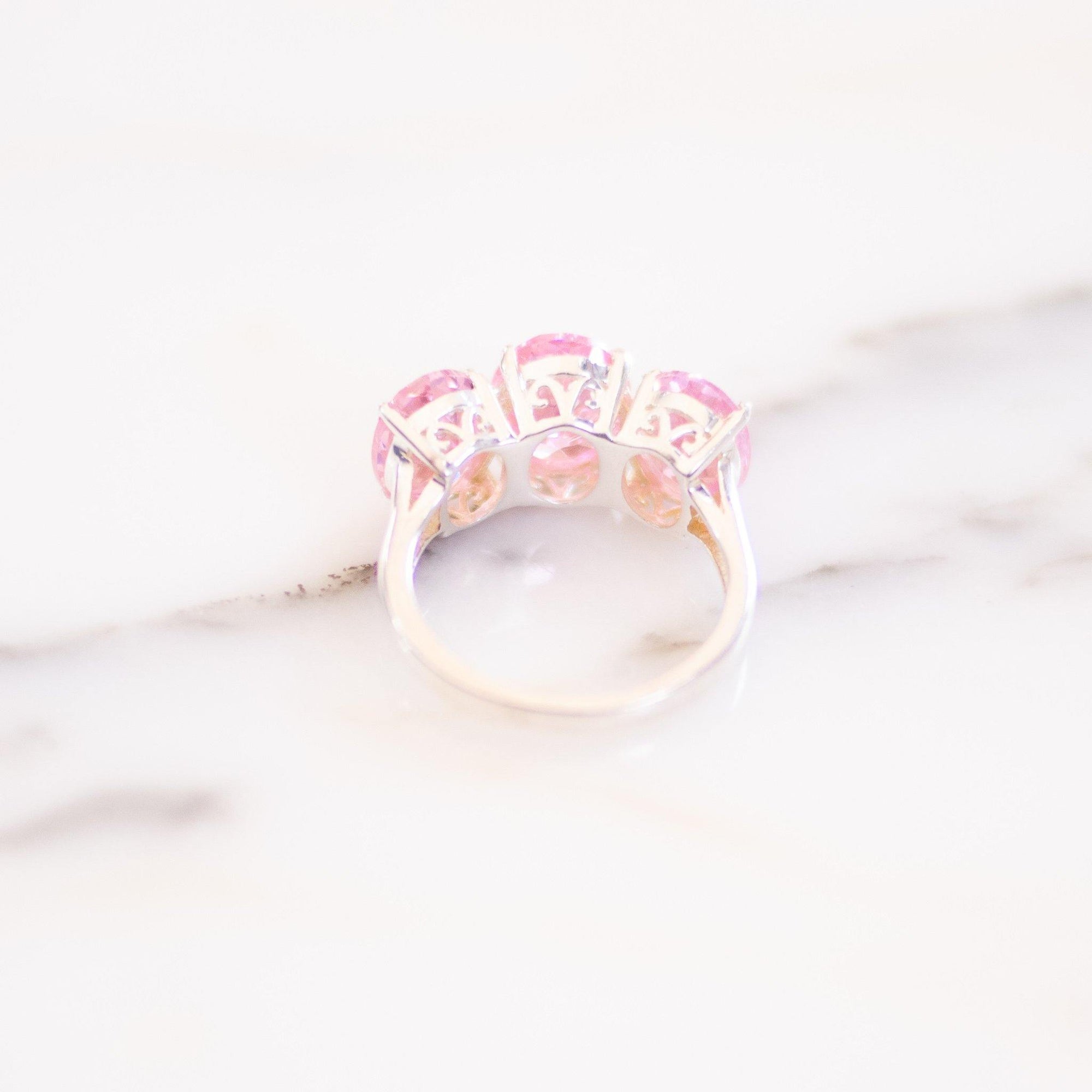 Vintage Pink Oval CZ Three Stone Ring by Sterling Silver - Vintage Meet Modern Vintage Jewelry - Chicago, Illinois - #oldhollywoodglamour #vintagemeetmodern #designervintage #jewelrybox #antiquejewelry #vintagejewelry