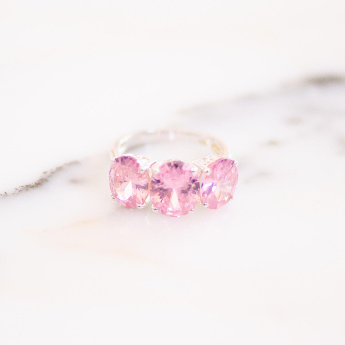 Vintage Pink Oval CZ Three Stone Ring