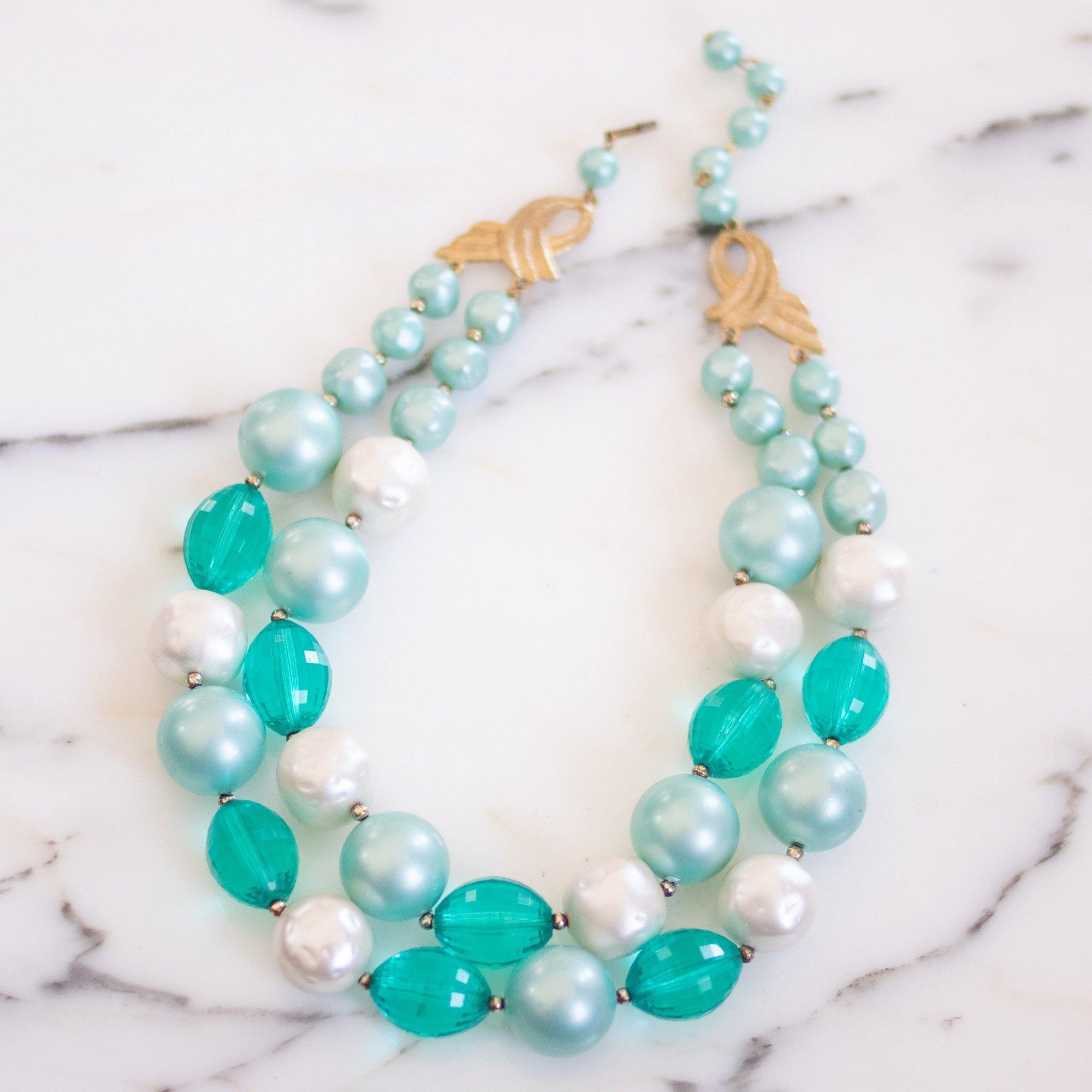 Vintage Chunky Aqua and Faux Pearl Bead Double Strand Necklace by Czech - Vintage Meet Modern Vintage Jewelry - Chicago, Illinois - #oldhollywoodglamour #vintagemeetmodern #designervintage #jewelrybox #antiquejewelry #vintagejewelry