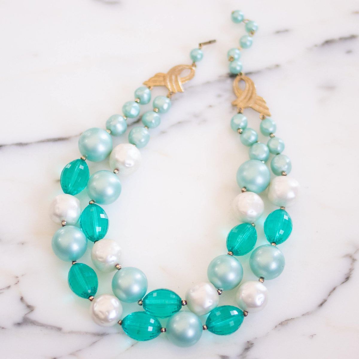 Vintage Chunky Aqua and Faux Pearl Bead Double Strand Necklace