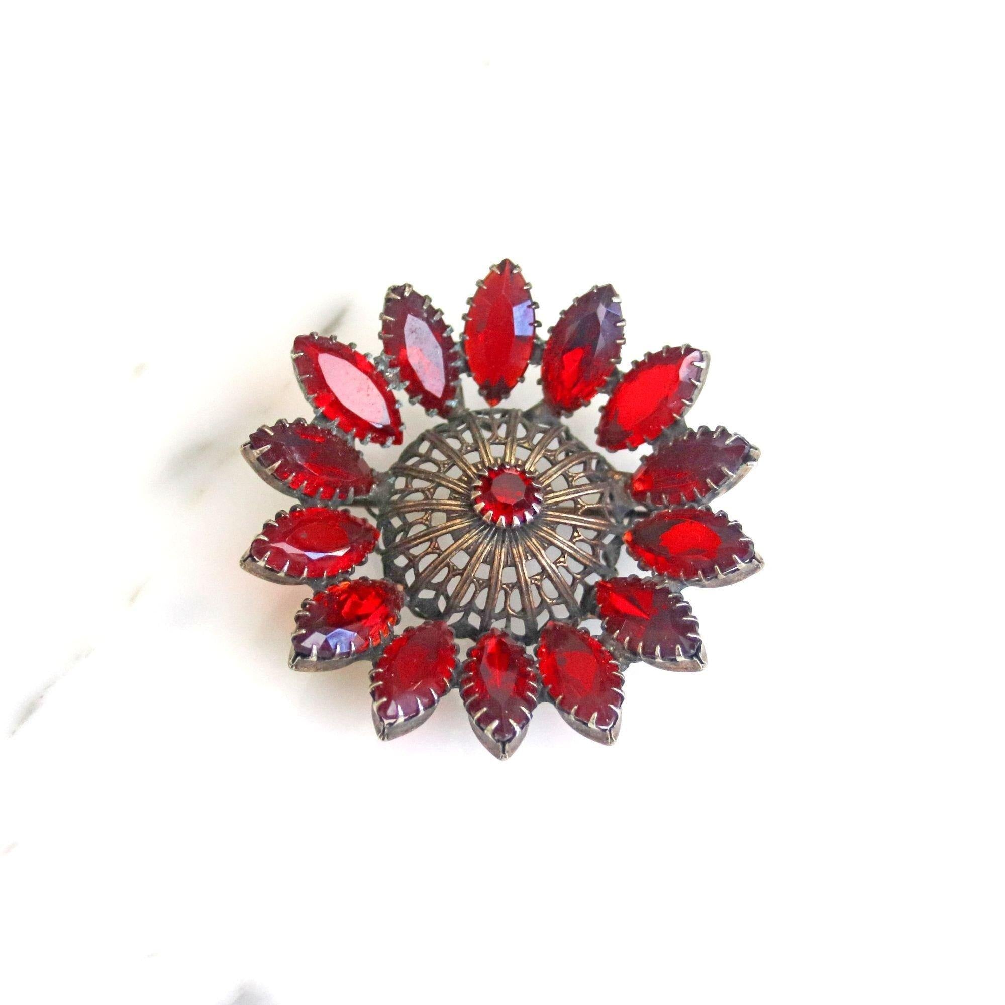 Vintage Red Open Back Rhinestone Brooch set in Antique Silver Tone by Unsigned Beauty - Vintage Meet Modern Vintage Jewelry - Chicago, Illinois - #oldhollywoodglamour #vintagemeetmodern #designervintage #jewelrybox #antiquejewelry #vintagejewelry