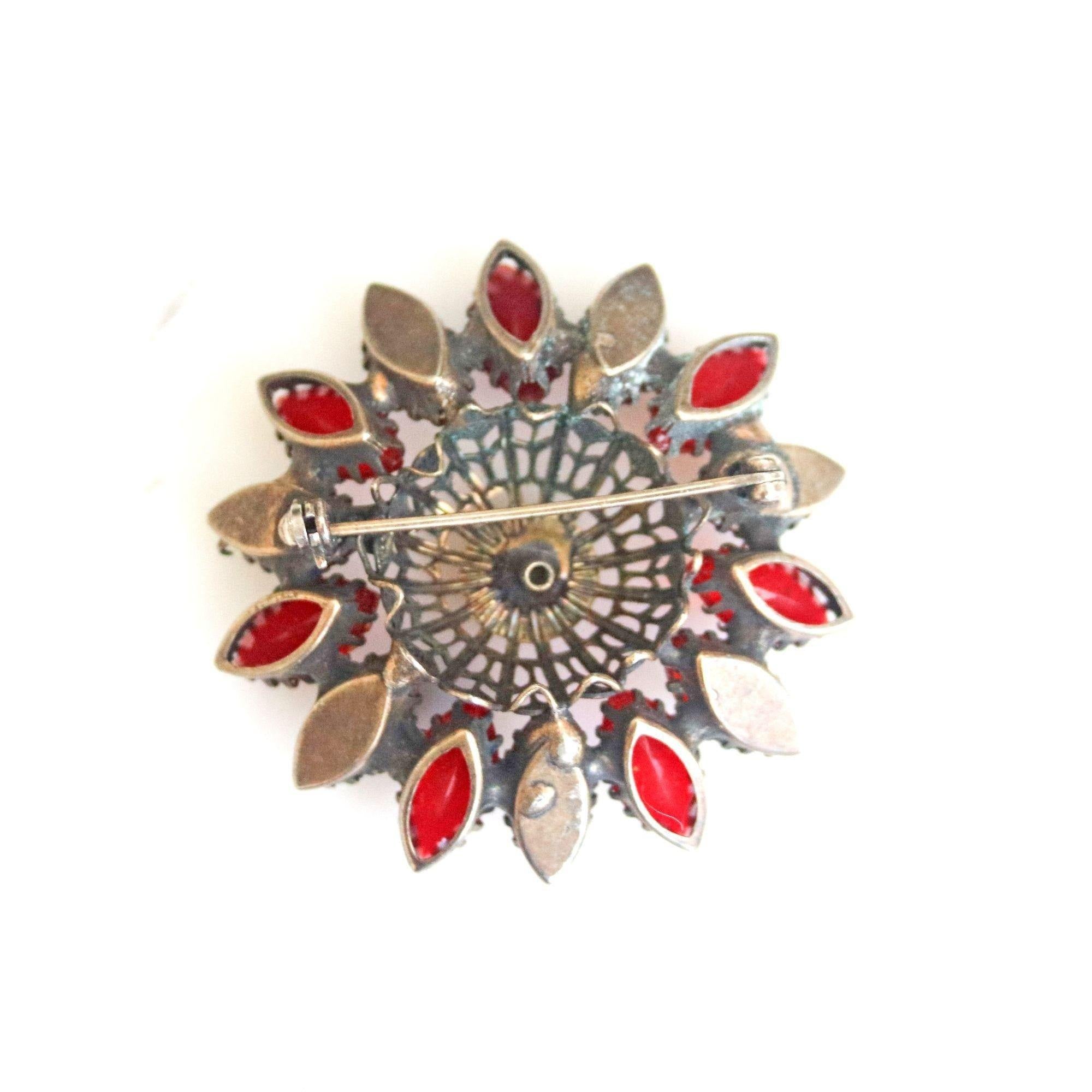 Vintage Red Open Back Rhinestone Brooch set in Antique Silver Tone by Unsigned Beauty - Vintage Meet Modern Vintage Jewelry - Chicago, Illinois - #oldhollywoodglamour #vintagemeetmodern #designervintage #jewelrybox #antiquejewelry #vintagejewelry