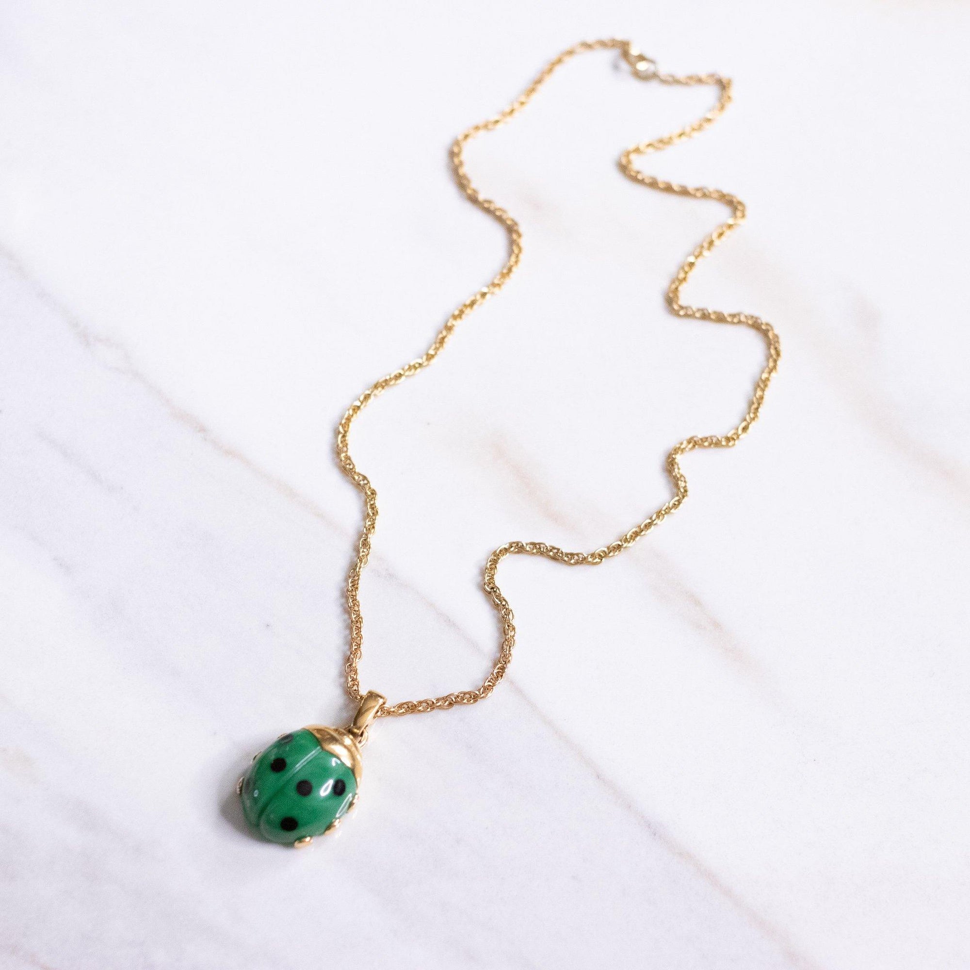 Vintage Crown Trifari Green Ladybug Pendant Necklace by Crown Trifari - Vintage Meet Modern Vintage Jewelry - Chicago, Illinois - #oldhollywoodglamour #vintagemeetmodern #designervintage #jewelrybox #antiquejewelry #vintagejewelry