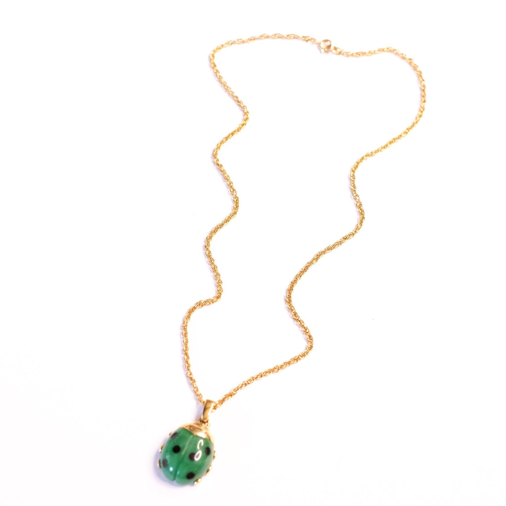 Vintage Crown Trifari Green Ladybug Pendant Necklace by Crown Trifari - Vintage Meet Modern Vintage Jewelry - Chicago, Illinois - #oldhollywoodglamour #vintagemeetmodern #designervintage #jewelrybox #antiquejewelry #vintagejewelry