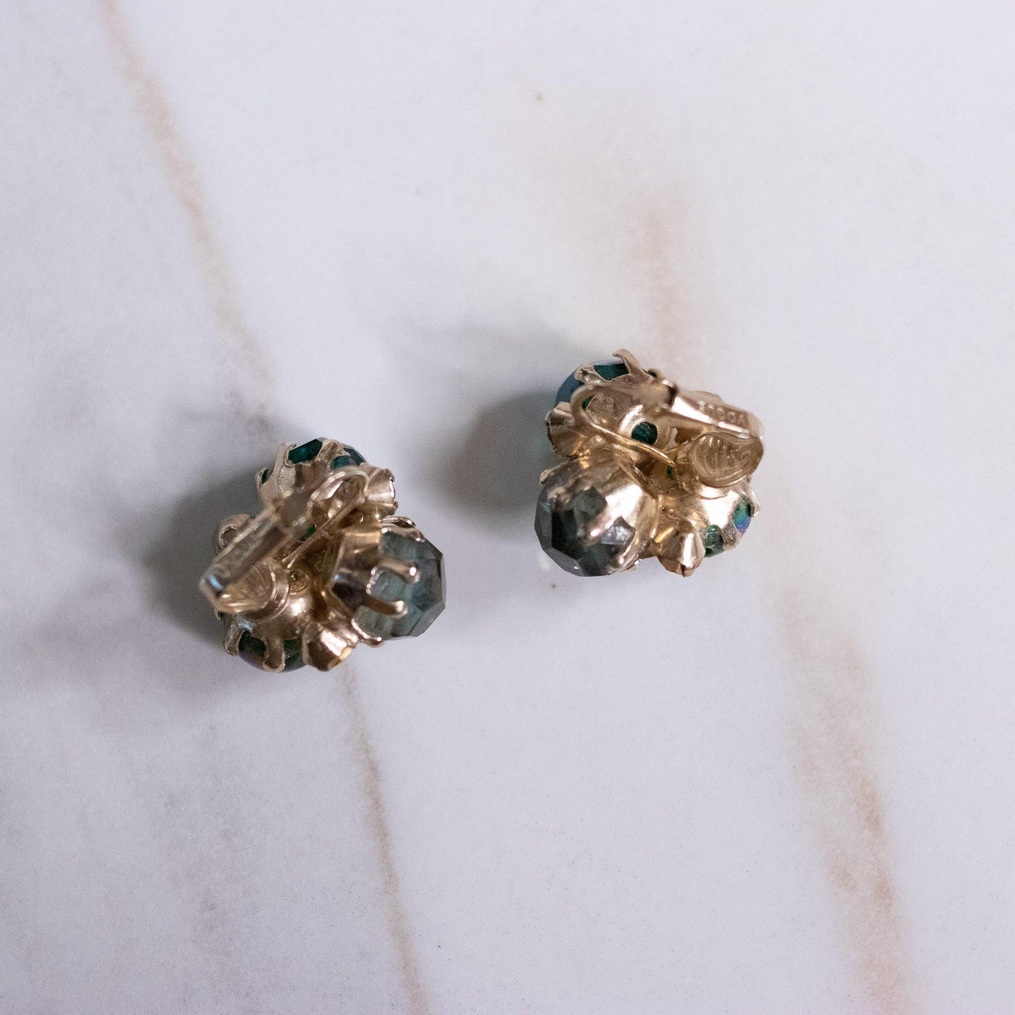 Vintage Peacock Blue Green Iridescent Aurora Borealis Cluster Style Statement Earrings by Vogue Bijoux - Vintage Meet Modern Vintage Jewelry - Chicago, Illinois - #oldhollywoodglamour #vintagemeetmodern #designervintage #jewelrybox #antiquejewelry #vintagejewelry