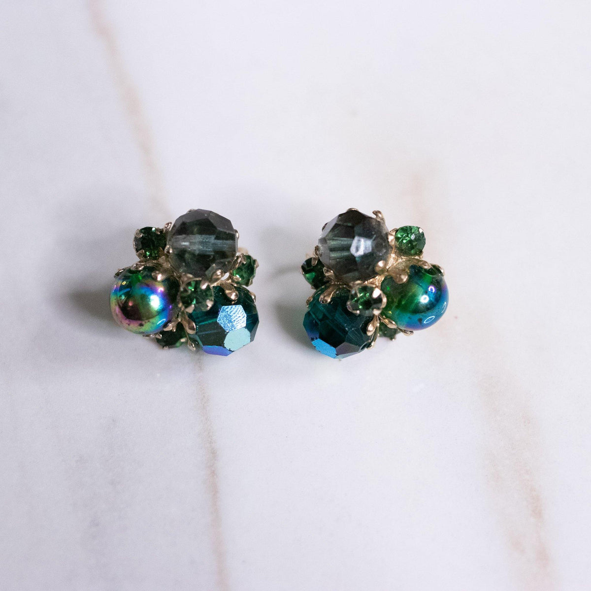 Vintage Peacock Blue Green Iridescent Aurora Borealis Cluster Style Statement Earrings