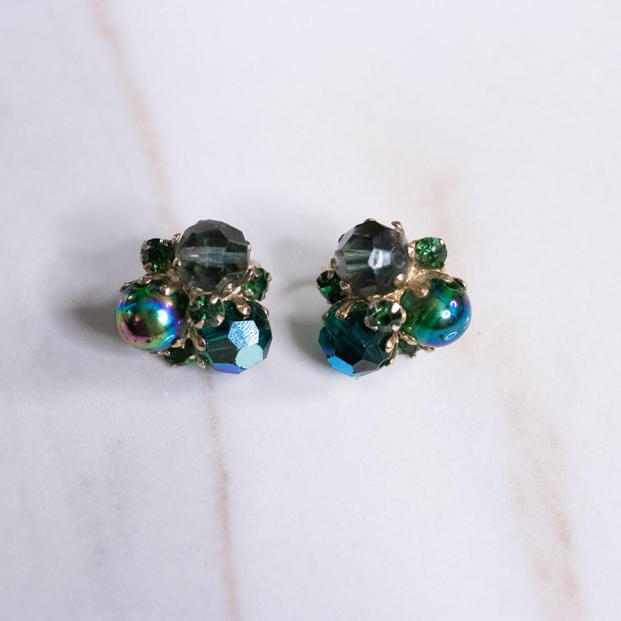 Vintage Peacock Blue Green Iridescent Aurora Borealis Cluster Style Statement Earrings by Vogue Bijoux - Vintage Meet Modern Vintage Jewelry - Chicago, Illinois - #oldhollywoodglamour #vintagemeetmodern #designervintage #jewelrybox #antiquejewelry #vintagejewelry