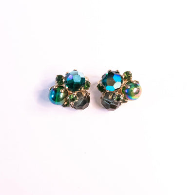 Vintage Peacock Blue Green Iridescent Aurora Borealis Cluster Style Statement Earrings by Vogue Bijoux - Vintage Meet Modern Vintage Jewelry - Chicago, Illinois - #oldhollywoodglamour #vintagemeetmodern #designervintage #jewelrybox #antiquejewelry #vintagejewelry
