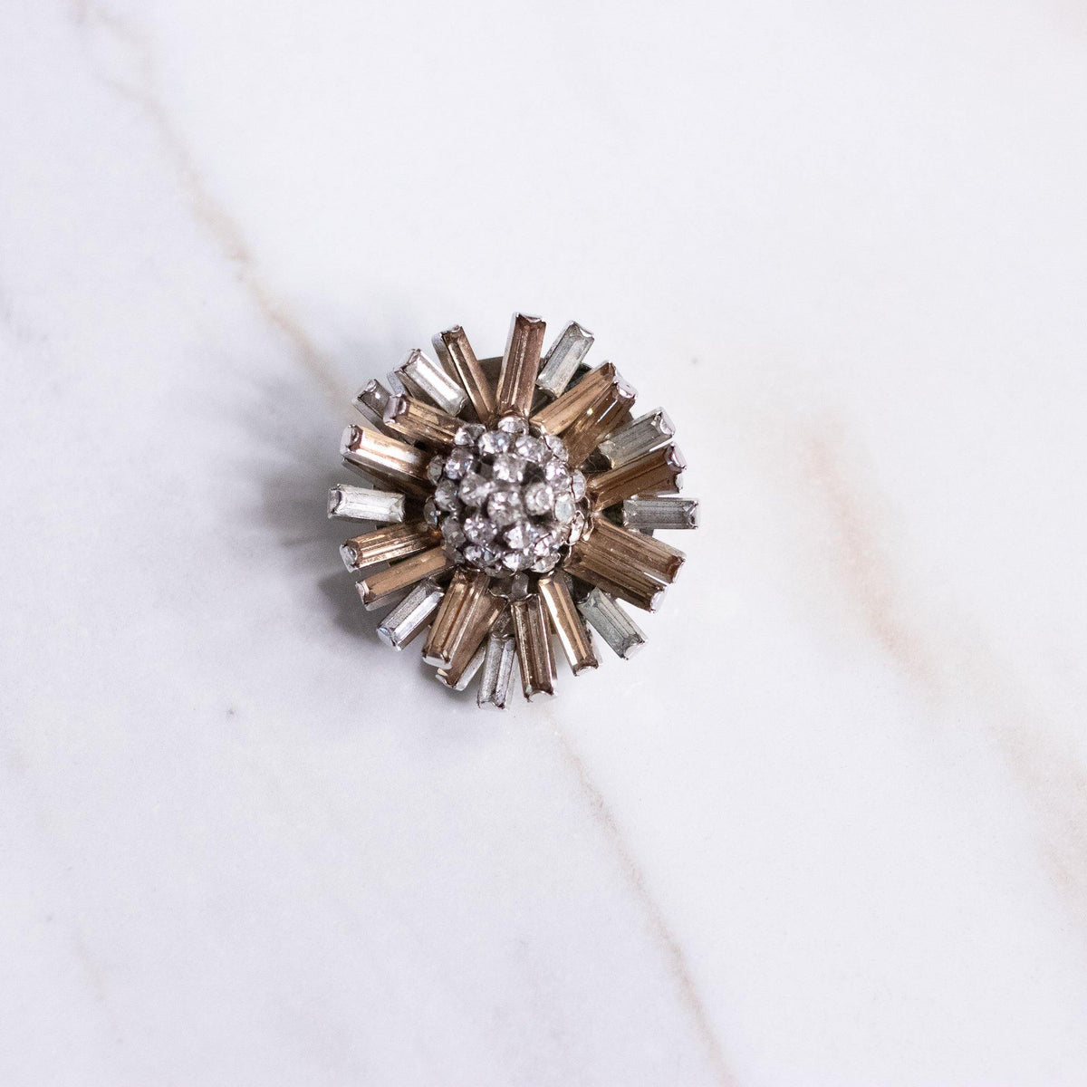Vintage Gold and Diamante Baguette Rhinestone Flower Brooch