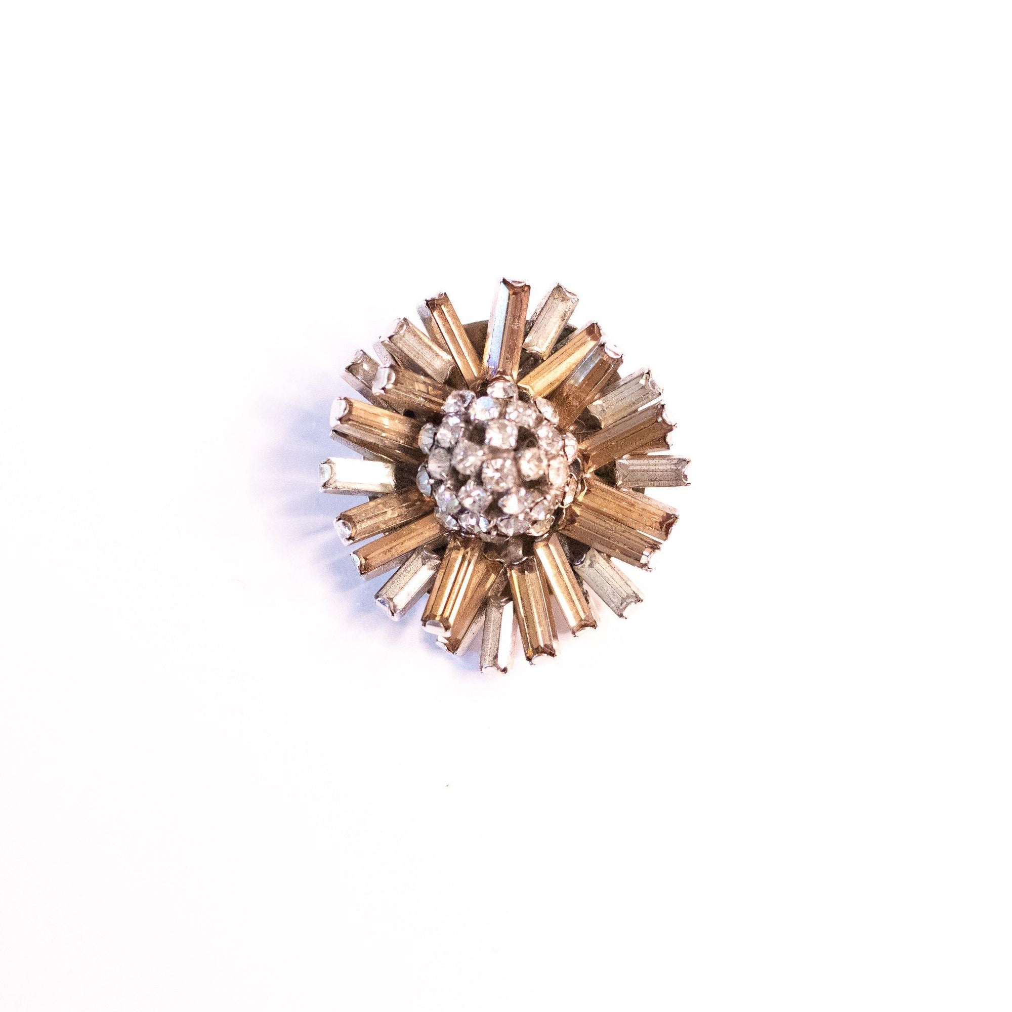 Vintage Gold and Diamante Baguette Rhinestone Flower Brooch by B. David - Vintage Meet Modern Vintage Jewelry - Chicago, Illinois - #oldhollywoodglamour #vintagemeetmodern #designervintage #jewelrybox #antiquejewelry #vintagejewelry