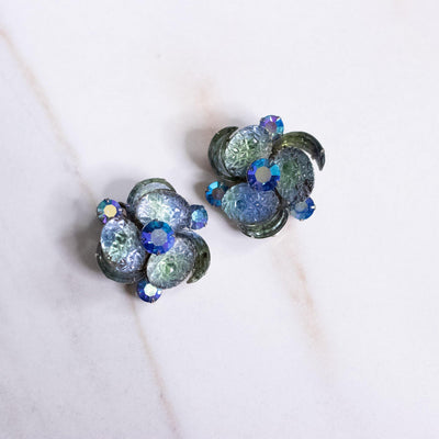 Vintage Judy Lee Pressed Glass and Blue Green Aurora Borealis Rhinestone Statement Earrings by Judy Lee - Vintage Meet Modern Vintage Jewelry - Chicago, Illinois - #oldhollywoodglamour #vintagemeetmodern #designervintage #jewelrybox #antiquejewelry #vintagejewelry