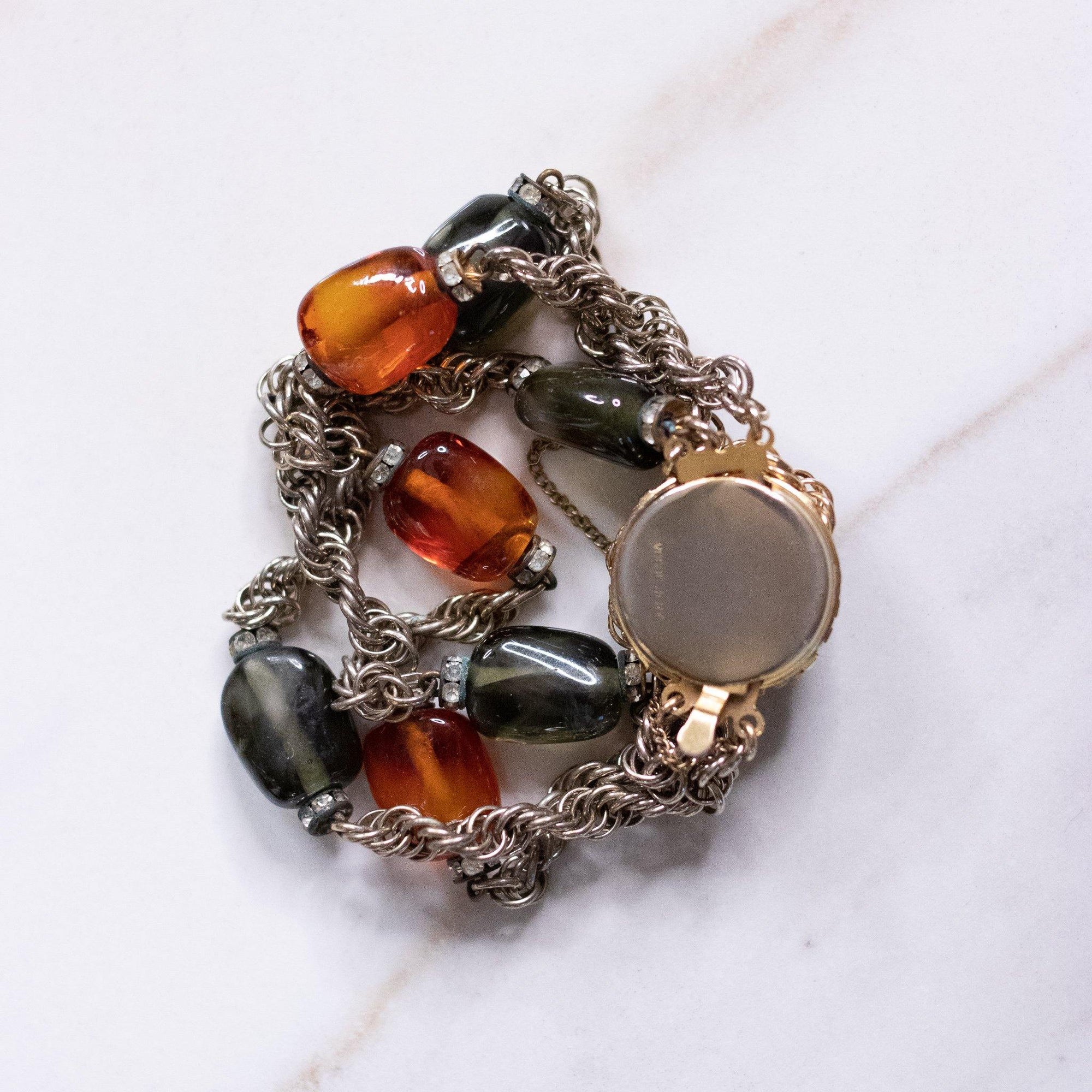 Vintage Vogue Bijoux Amber and Smokey Glass with Rhinestones Multi-Chain Bracelet by Vogue Bijoux - Vintage Meet Modern Vintage Jewelry - Chicago, Illinois - #oldhollywoodglamour #vintagemeetmodern #designervintage #jewelrybox #antiquejewelry #vintagejewelry