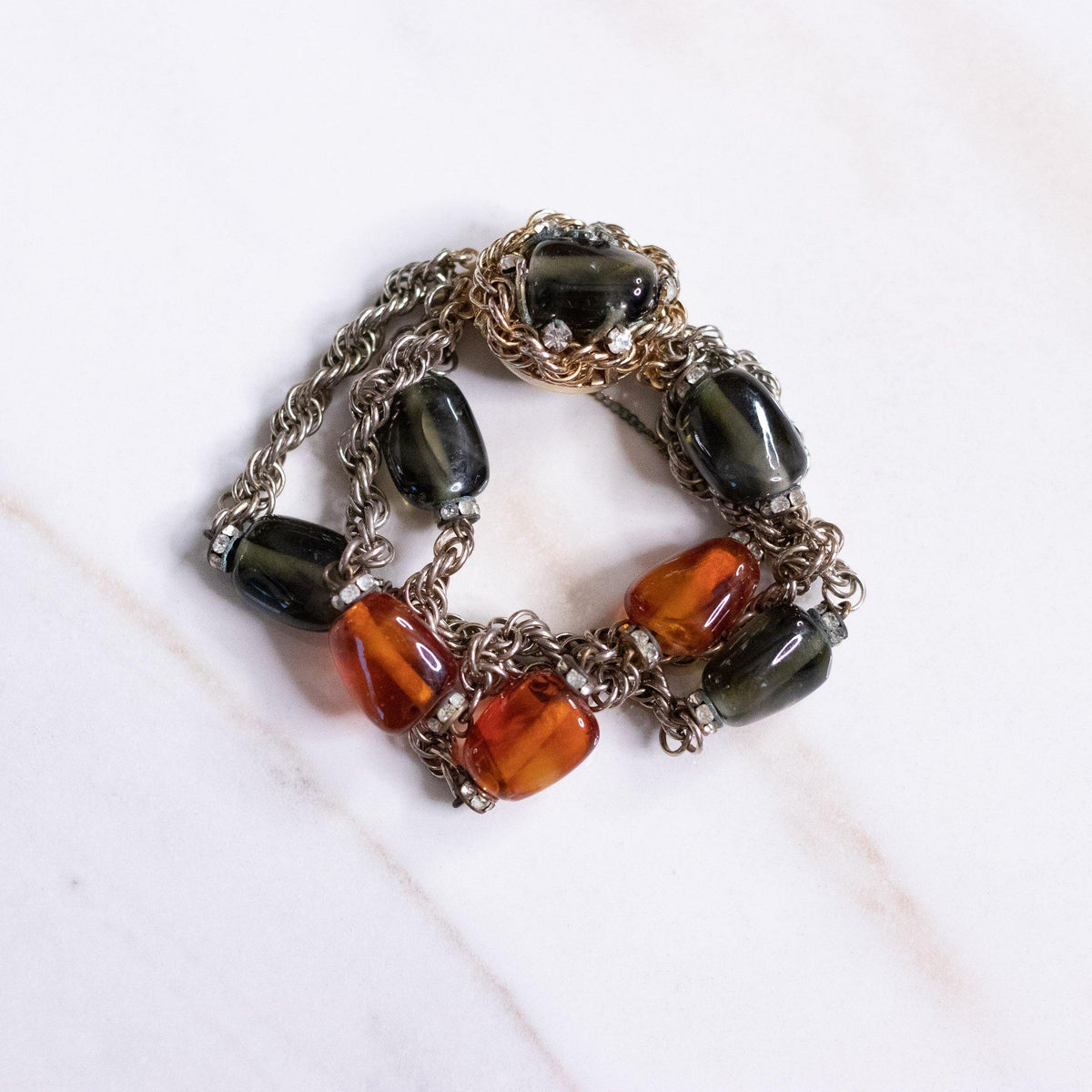 Vintage Vogue Bijoux Amber and Smokey Glass with Rhinestones Multi-Chain Bracelet