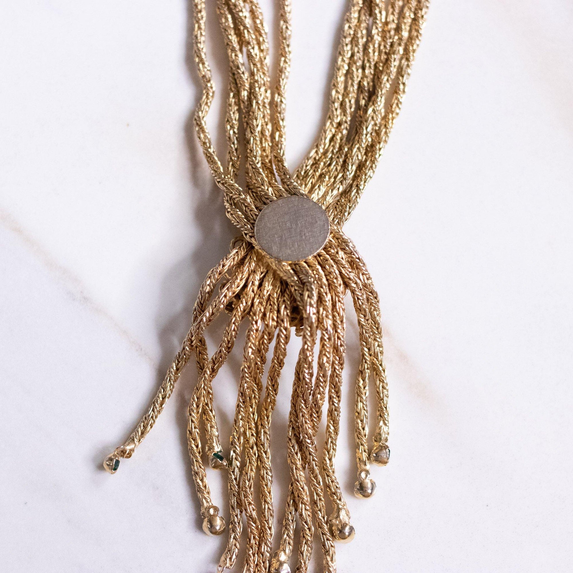 Vintage Emerald Green Rhinestone Tassel Necklace with Braided Rope Chain by Hobe - Vintage Meet Modern Vintage Jewelry - Chicago, Illinois - #oldhollywoodglamour #vintagemeetmodern #designervintage #jewelrybox #antiquejewelry #vintagejewelry