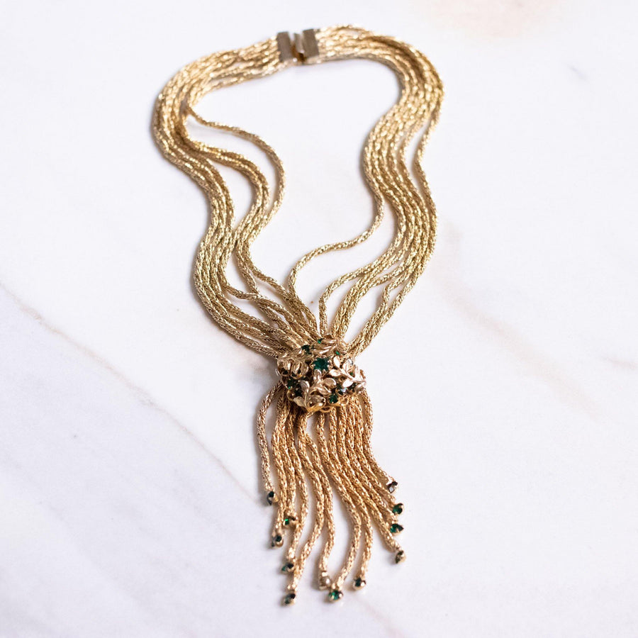 Vintage Emerald Green Rhinestone Tassel Necklace with Braided Rope Chain by Hobe - Vintage Meet Modern Vintage Jewelry - Chicago, Illinois - #oldhollywoodglamour #vintagemeetmodern #designervintage #jewelrybox #antiquejewelry #vintagejewelry