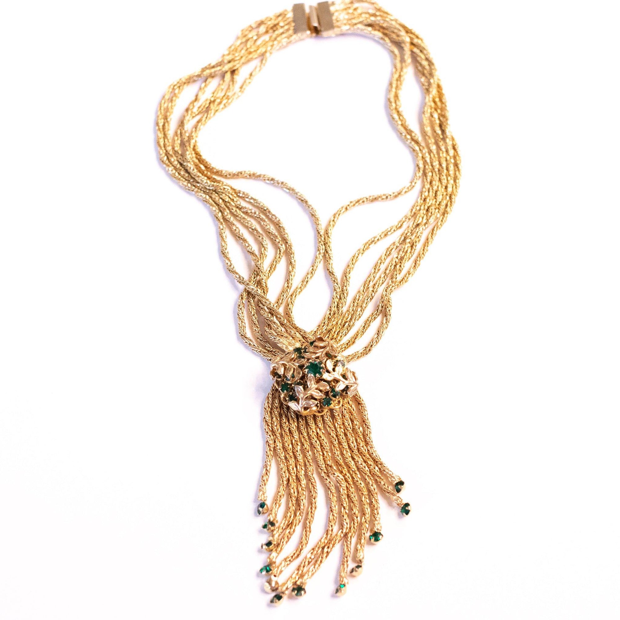 Vintage Emerald Green Rhinestone Tassel Necklace with Braided Rope Chain by Hobe - Vintage Meet Modern Vintage Jewelry - Chicago, Illinois - #oldhollywoodglamour #vintagemeetmodern #designervintage #jewelrybox #antiquejewelry #vintagejewelry