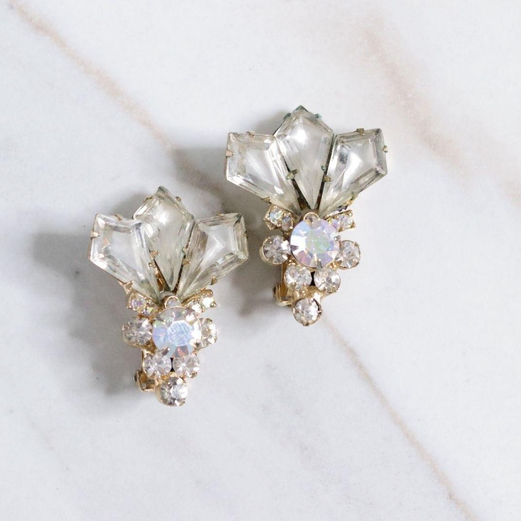 Vintage Champagne Crystal and Aurora Borealis Statement Earrings by Unsigned Beauty - Vintage Meet Modern Vintage Jewelry - Chicago, Illinois - #oldhollywoodglamour #vintagemeetmodern #designervintage #jewelrybox #antiquejewelry #vintagejewelry