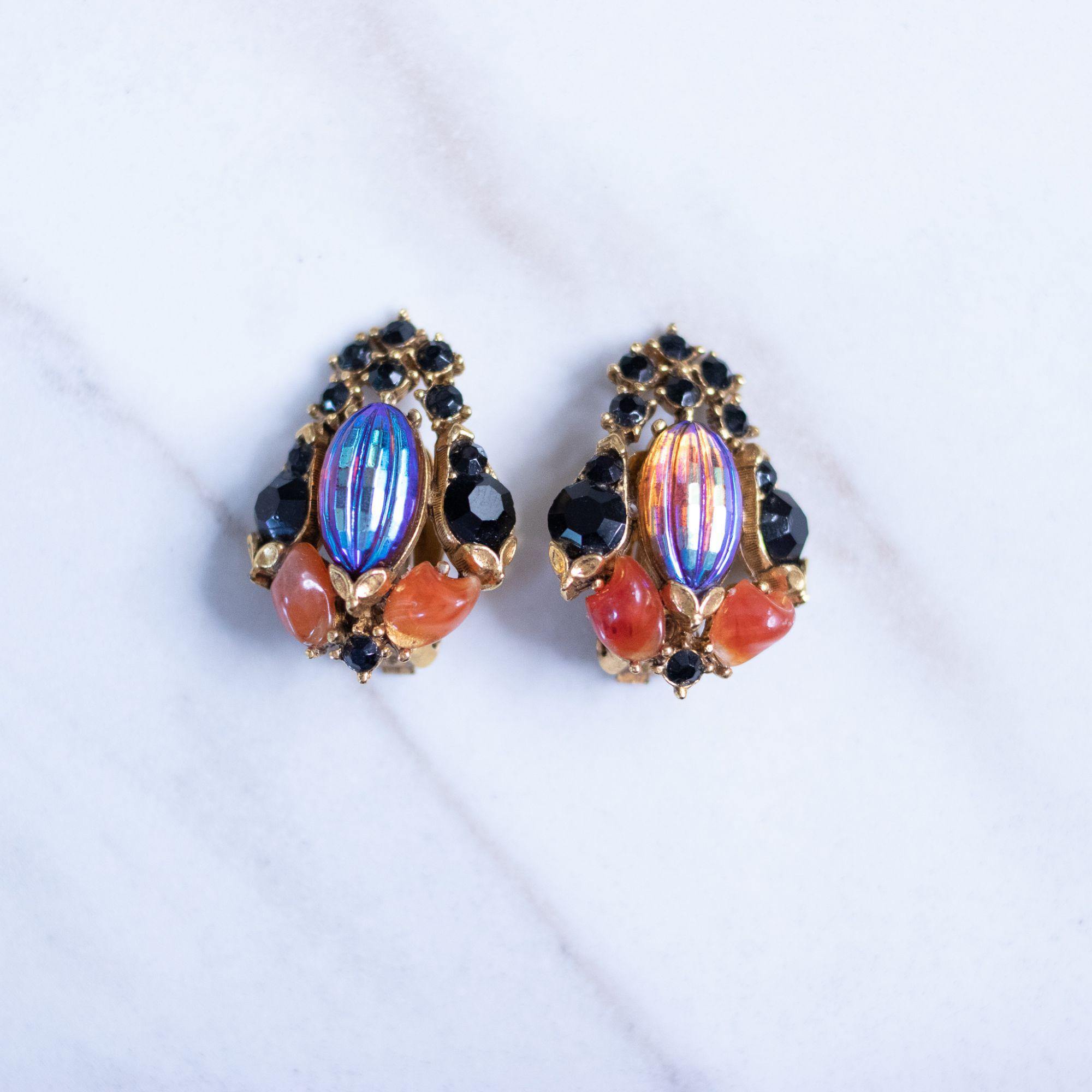 Vintage Florenza Carnival Glass, Carnelian, Jet Crystal Earrings by Florenza - Vintage Meet Modern Vintage Jewelry - Chicago, Illinois - #oldhollywoodglamour #vintagemeetmodern #designervintage #jewelrybox #antiquejewelry #vintagejewelry