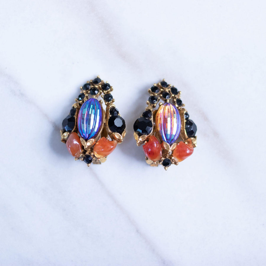 Vintage Florenza Carnival Glass, Carnelian, Jet Crystal Earrings by Florenza - Vintage Meet Modern Vintage Jewelry - Chicago, Illinois - #oldhollywoodglamour #vintagemeetmodern #designervintage #jewelrybox #antiquejewelry #vintagejewelry