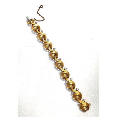 Vintage Mid Century Modern Era Gold Scroll Link Bracelet with Diamante Rhinestones by Unsigned Beauty - Vintage Meet Modern Vintage Jewelry - Chicago, Illinois - #oldhollywoodglamour #vintagemeetmodern #designervintage #jewelrybox #antiquejewelry #vintagejewelry