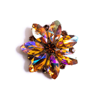 Vintage Large Amber Citrine Aurora Borealis Rhinestone Brooch by Unsigned Beauty - Vintage Meet Modern Vintage Jewelry - Chicago, Illinois - #oldhollywoodglamour #vintagemeetmodern #designervintage #jewelrybox #antiquejewelry #vintagejewelry