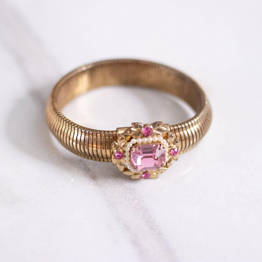 Vintage Coro Expansion Bracelet with Pink Rhinestones and Faux Pearls by Coro - Vintage Meet Modern Vintage Jewelry - Chicago, Illinois - #oldhollywoodglamour #vintagemeetmodern #designervintage #jewelrybox #antiquejewelry #vintagejewelry