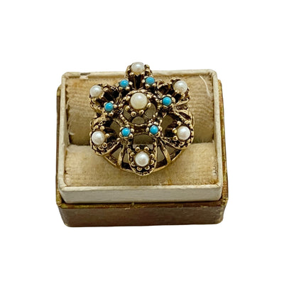 Vintage Seed Pearl and Turquoise Bead Ring by Unsigned Beauty - Vintage Meet Modern Vintage Jewelry - Chicago, Illinois - #oldhollywoodglamour #vintagemeetmodern #designervintage #jewelrybox #antiquejewelry #vintagejewelry