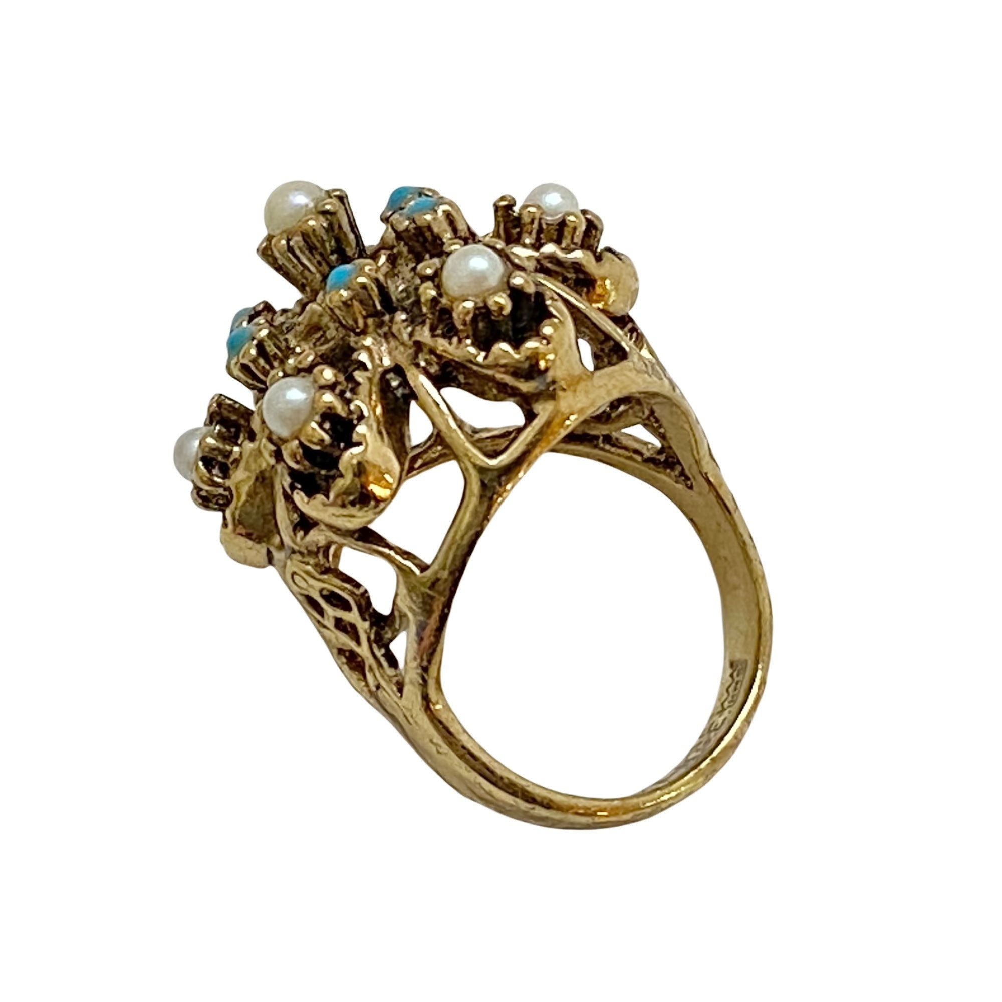 Vintage Seed Pearl and Turquoise Bead Ring by Unsigned Beauty - Vintage Meet Modern Vintage Jewelry - Chicago, Illinois - #oldhollywoodglamour #vintagemeetmodern #designervintage #jewelrybox #antiquejewelry #vintagejewelry