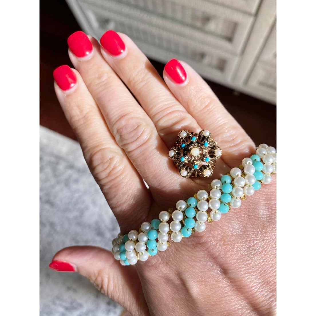 Vintage Seed Pearl and Turquoise Bead Ring by Unsigned Beauty - Vintage Meet Modern Vintage Jewelry - Chicago, Illinois - #oldhollywoodglamour #vintagemeetmodern #designervintage #jewelrybox #antiquejewelry #vintagejewelry