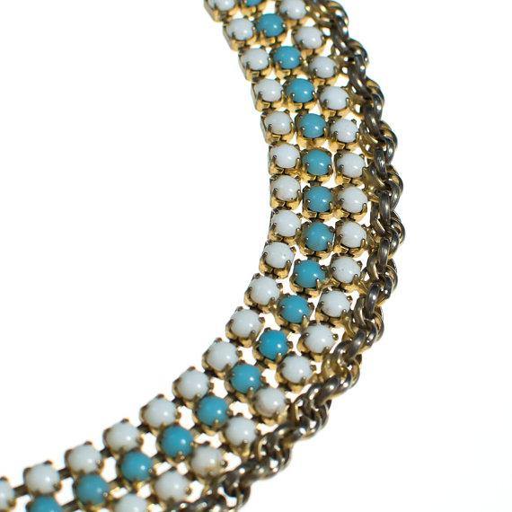 Vintage Turquoise and White Milk Glass Rhinestone Choker Necklace by 1950s - Vintage Meet Modern Vintage Jewelry - Chicago, Illinois - #oldhollywoodglamour #vintagemeetmodern #designervintage #jewelrybox #antiquejewelry #vintagejewelry