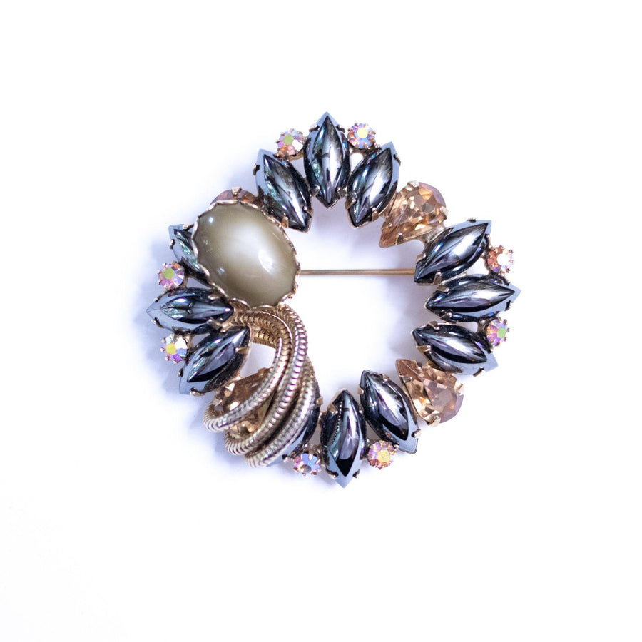 Vintage Juliana Rhinestone Brooch Hematite Cabochons, Champagne Moonglow Glass by Juliana - Vintage Meet Modern Vintage Jewelry - Chicago, Illinois - #oldhollywoodglamour #vintagemeetmodern #designervintage #jewelrybox #antiquejewelry #vintagejewelry