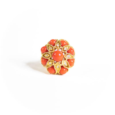 Vintage Coral Cabochon and Diamante Rhinestone Statement Ring by Unsigned Beauty - Vintage Meet Modern Vintage Jewelry - Chicago, Illinois - #oldhollywoodglamour #vintagemeetmodern #designervintage #jewelrybox #antiquejewelry #vintagejewelry